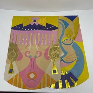 Vintage Handmade Paper Collage Folk Art MCM Abstract Faces Lot 2